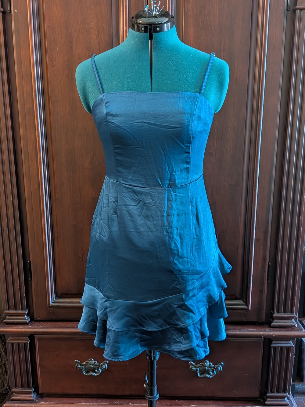 Dreams Come True Navy Blue Satin Ruffled Mini Dress - Picture 3 of 7